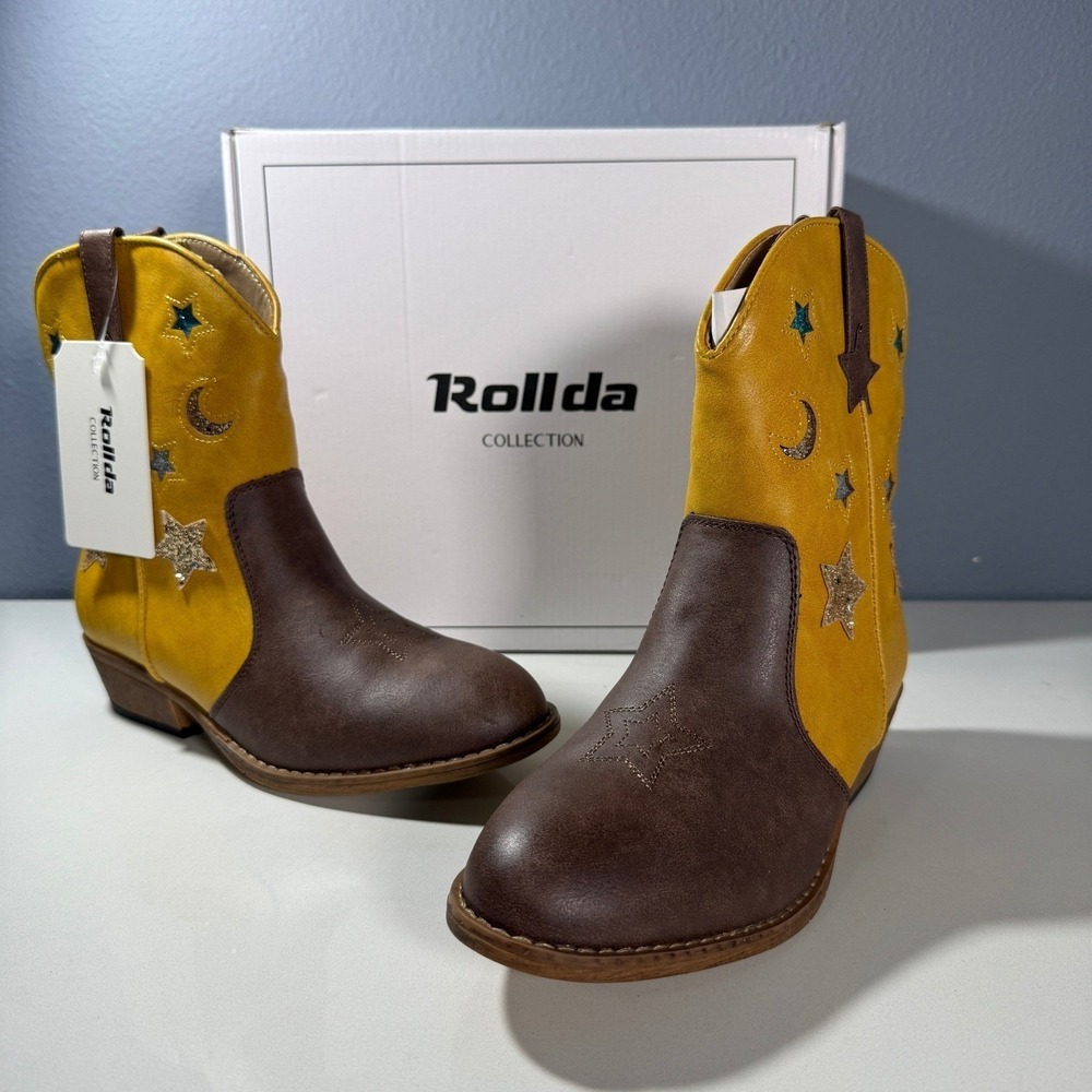 Rollda Girls Cowboy Boots Yellow Brown Stars Moon Sparkle Size 4